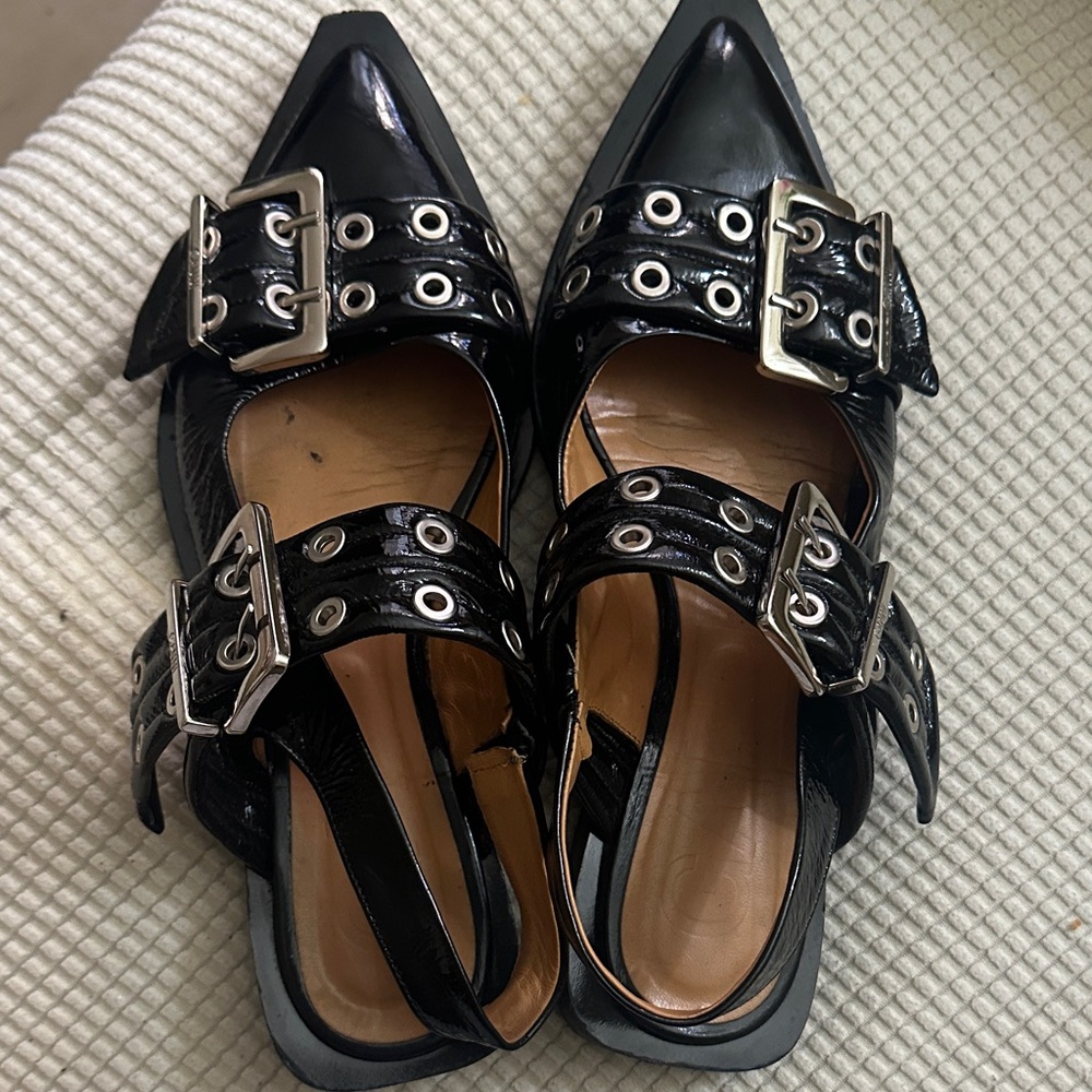 Ganni Black Patent Flats with Silver Buckle Detail